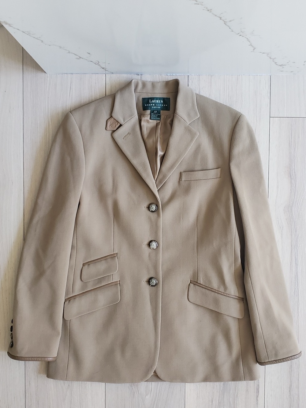 Ralph Lauren Riding Blazer Womens 6 Petite Tan Jacket Leather Trim‎
